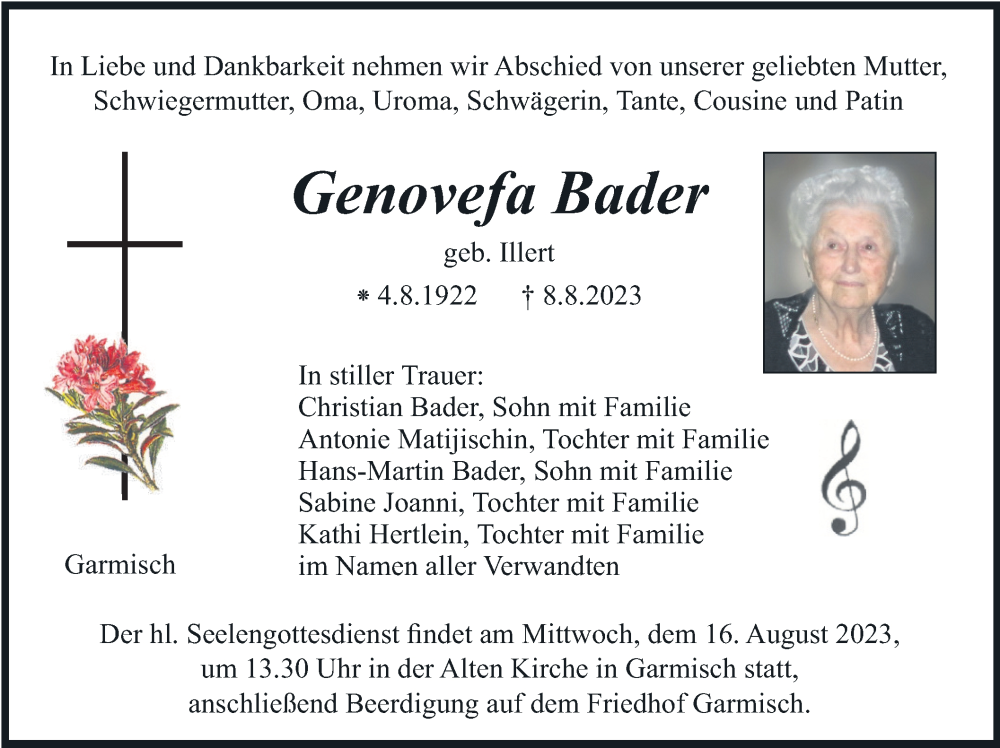  Traueranzeige für Genovefa Bader vom 12.08.2023 aus merkurtz