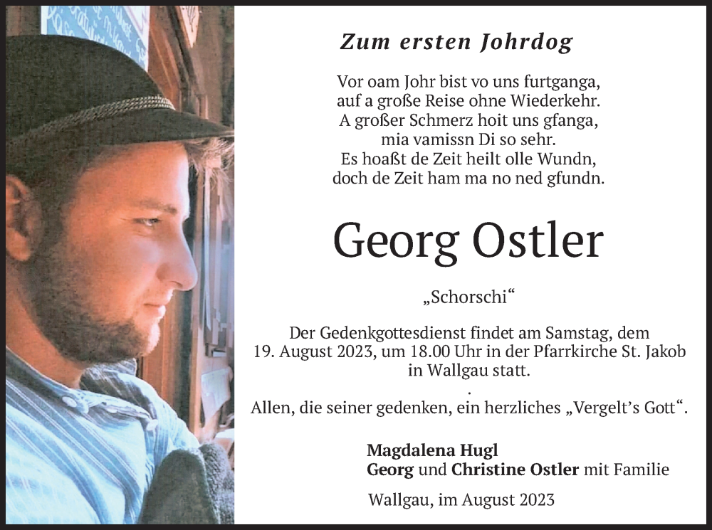  Traueranzeige für Georg Ostler vom 16.08.2023 aus merkurtz