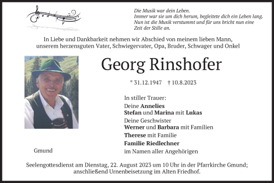 Traueranzeige von Georg Rinshofer von merkurtz