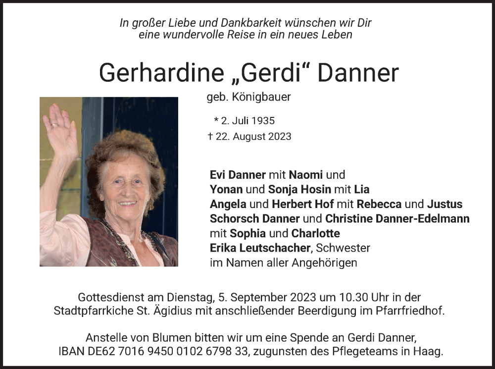  Traueranzeige für Gerhardine Danner vom 26.08.2023 aus merkurtz