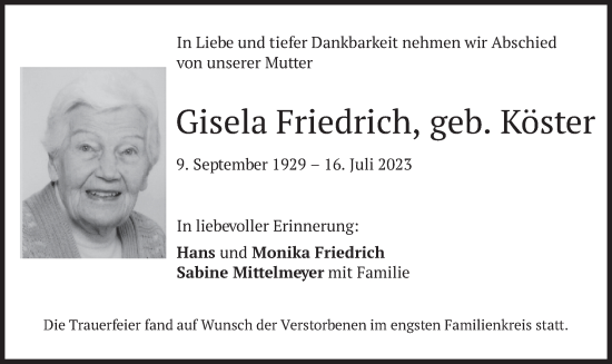 Traueranzeigen von Gisela Friedrich | trauer.merkur.de