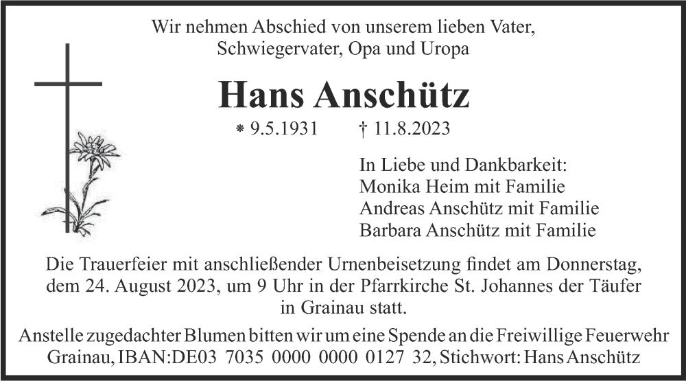  Traueranzeige für Hans Anschütz vom 22.08.2023 aus merkurtz