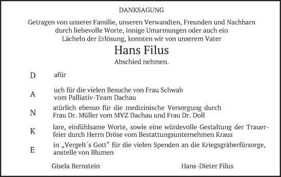 Traueranzeige von Hans Filus von merkurtz