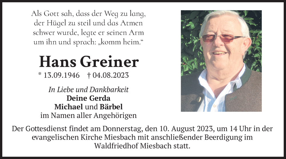  Traueranzeige für Hans Greiner vom 08.08.2023 aus merkurtz