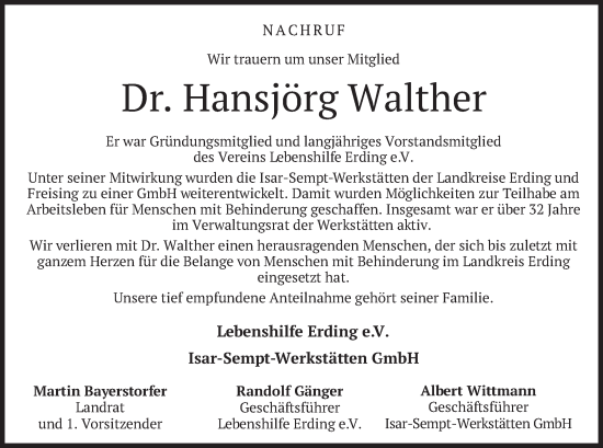 Traueranzeige von Hansjörg Walther von merkurtz