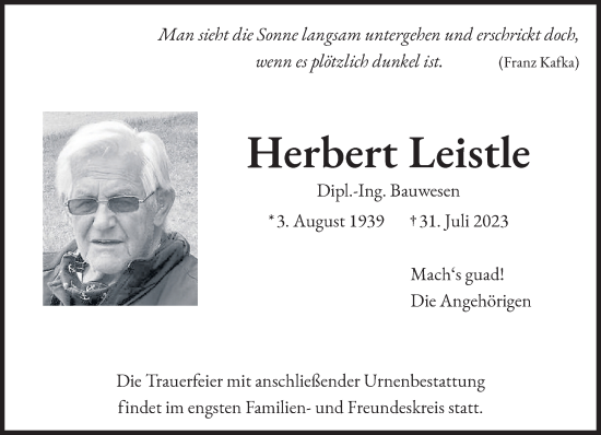 Traueranzeige von Herbert Leistle von Das Gelbe Blatt Penzberg