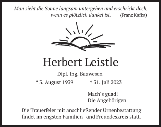 Traueranzeige von Herbert Leistle von merkurtz