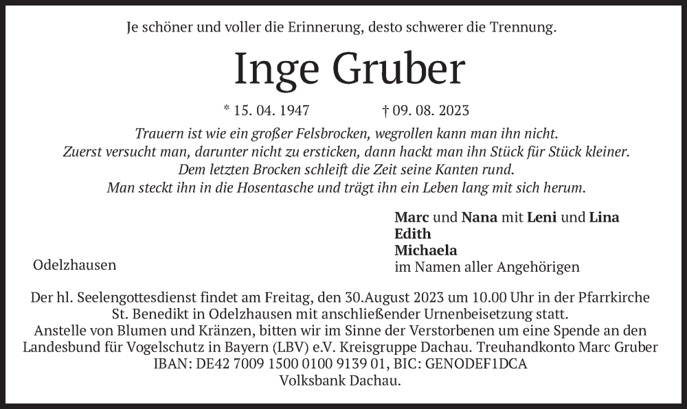 Traueranzeige für Inge Gruber vom 25.08.2023 aus merkurtz