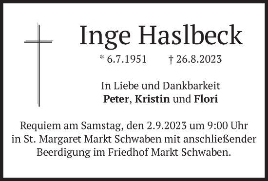 Traueranzeige von Inge Haslbeck von merkurtz