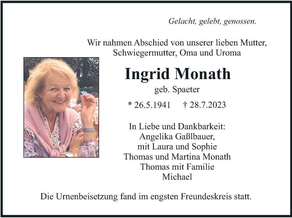  Traueranzeige für Ingrid Monath vom 19.08.2023 aus merkurtz