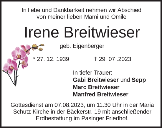 Traueranzeige von Irene Breitwieser von merkurtz