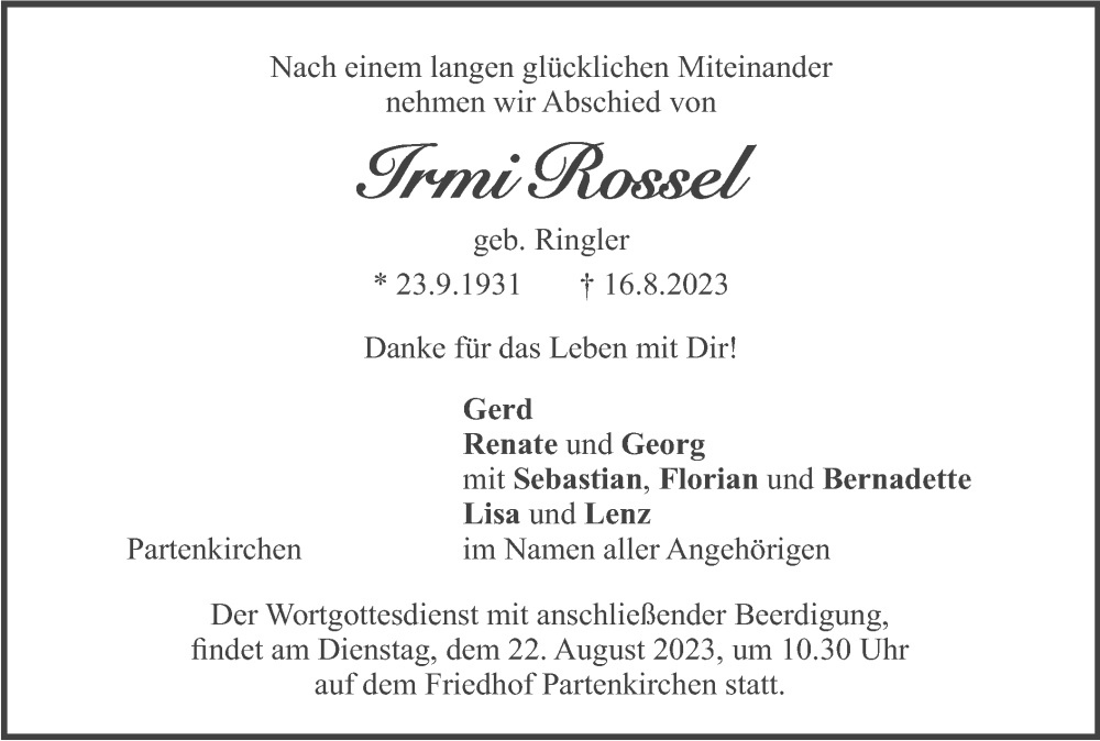  Traueranzeige für Irmi Rossel vom 19.08.2023 aus merkurtz