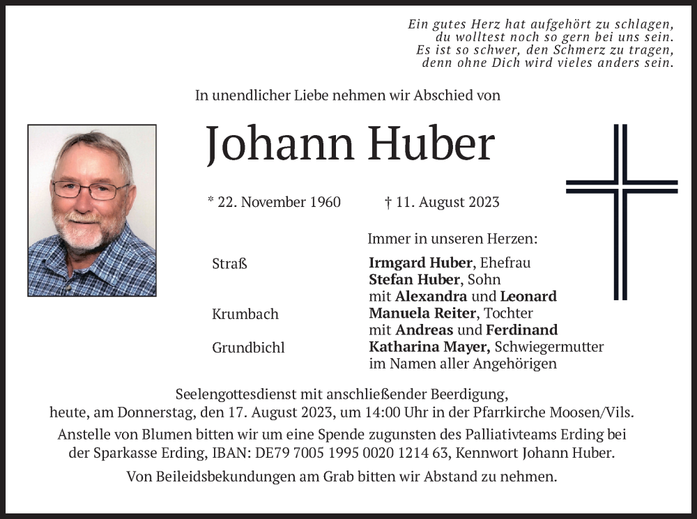  Traueranzeige für Johann Huber vom 17.08.2023 aus merkurtz