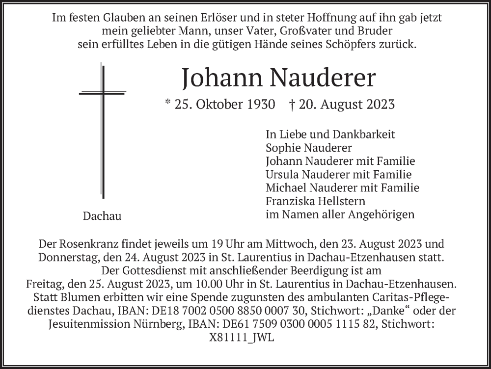  Traueranzeige für Johann Nauderer vom 23.08.2023 aus merkurtz