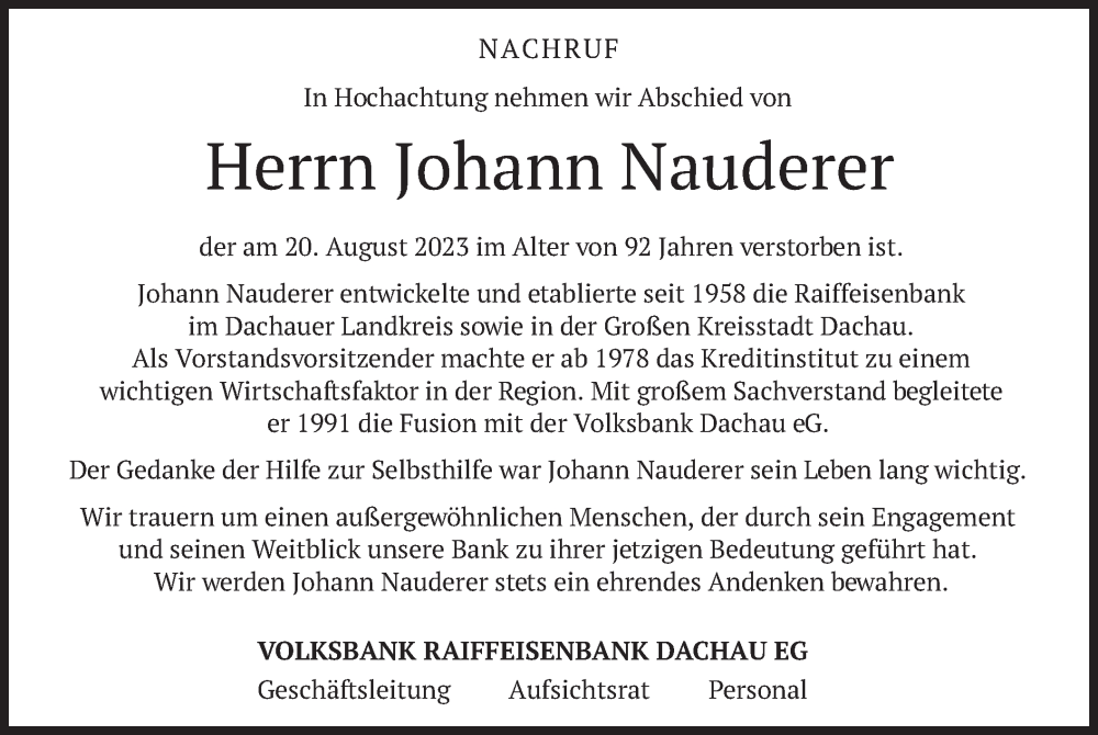  Traueranzeige für Johann Nauderer vom 25.08.2023 aus merkurtz