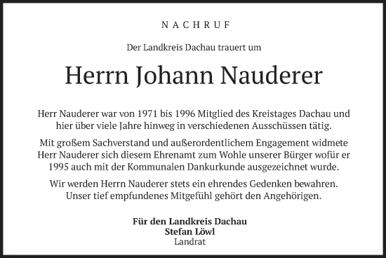 Traueranzeige von Johann Nauderer von merkurtz