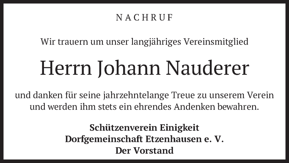  Traueranzeige für Johann Nauderer vom 29.08.2023 aus merkurtz