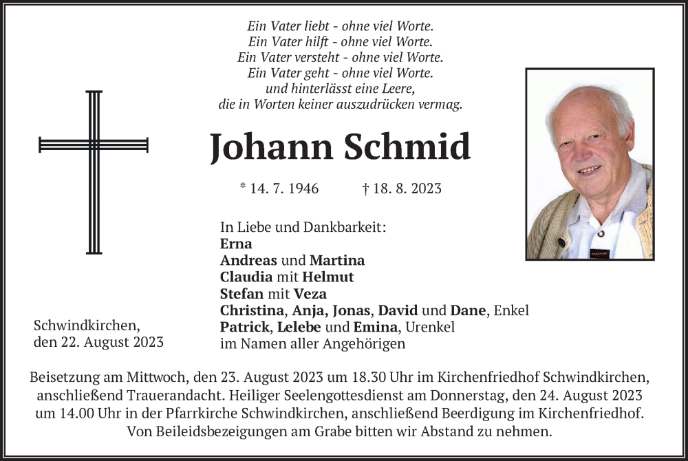  Traueranzeige für Johann Schmid vom 22.08.2023 aus merkurtz