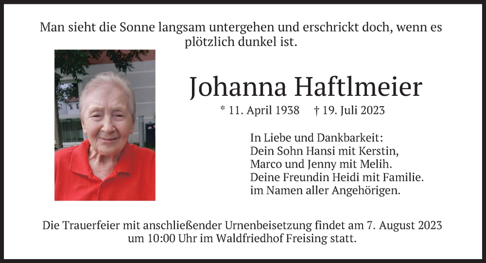  Traueranzeige für Johanna Haftlmeier vom 11.08.2023 aus merkurtz