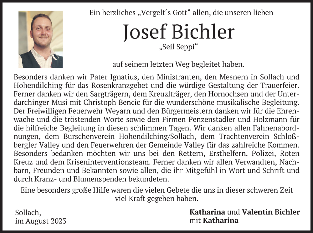  Traueranzeige für Josef Bichler vom 12.08.2023 aus merkurtz