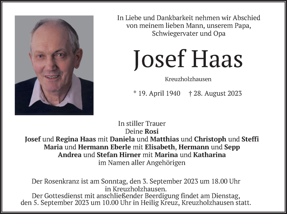  Traueranzeige für Josef Haas vom 31.08.2023 aus merkurtz