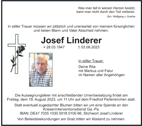 Traueranzeige von Josef Linderer