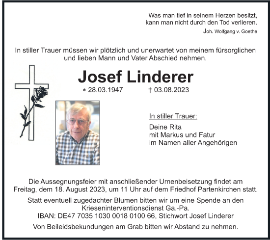 Traueranzeige von Josef Linderer von merkurtz