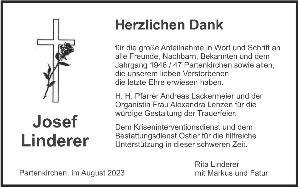  Traueranzeige für Josef Linderer vom 26.08.2023 aus merkurtz