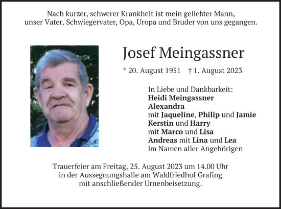 Traueranzeige von Josef Meingassner von merkurtz