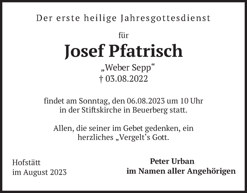  Traueranzeige für Josef Pfatrisch vom 03.08.2023 aus merkurtz
