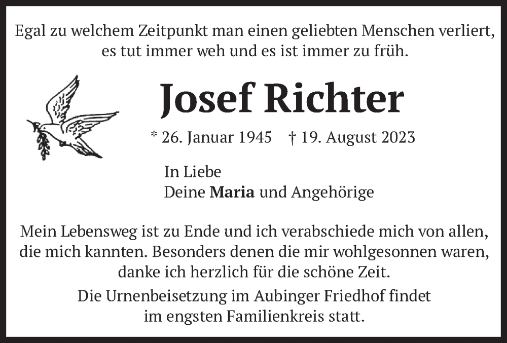  Traueranzeige für Josef Richter vom 26.08.2023 aus merkurtz