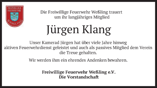 Traueranzeige von Jürgen Klang von merkurtz