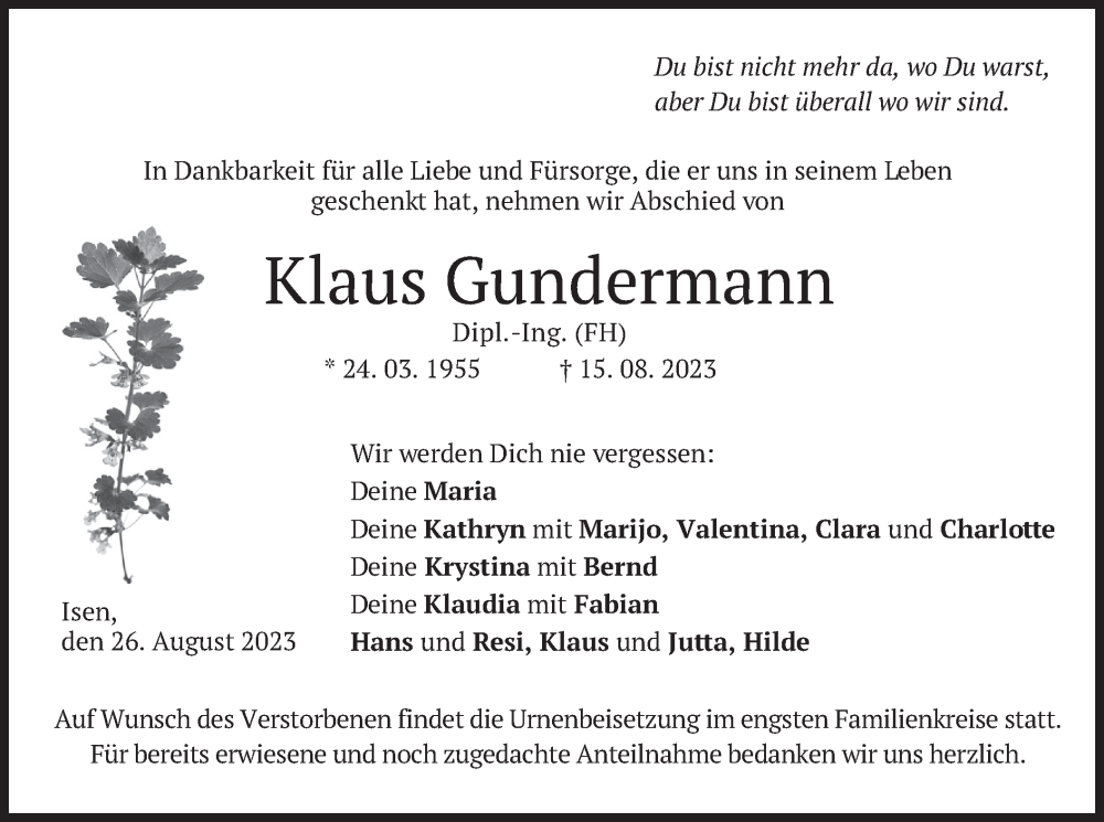  Traueranzeige für Klaus Gundermann vom 26.08.2023 aus merkurtz