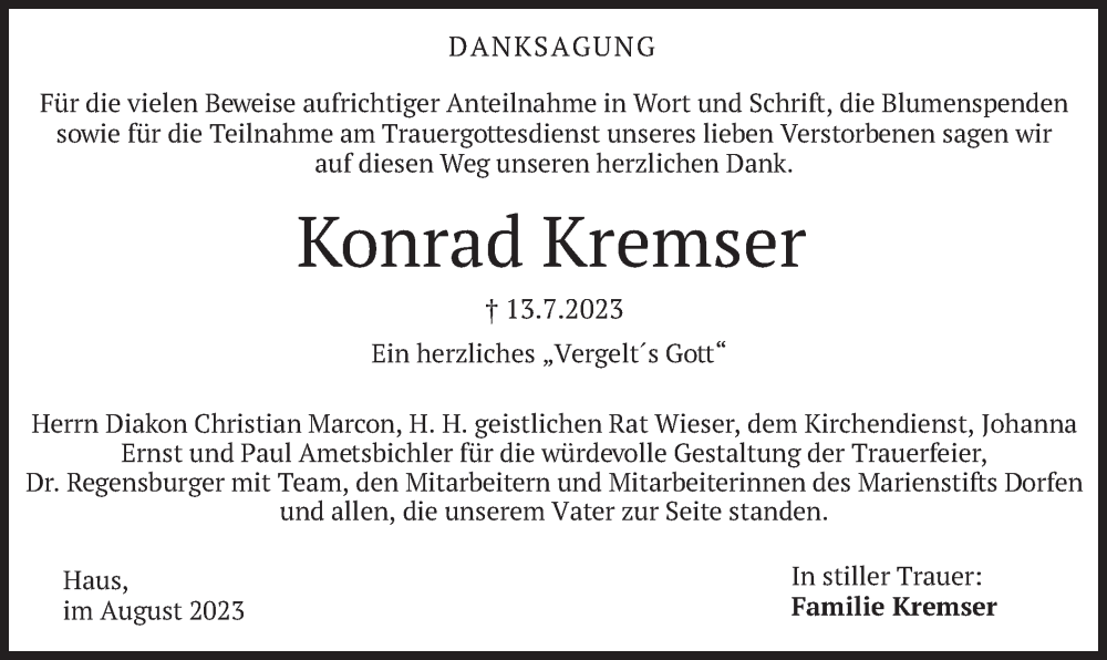 Traueranzeige für Konrad Kremser vom 05.08.2023 aus merkurtz