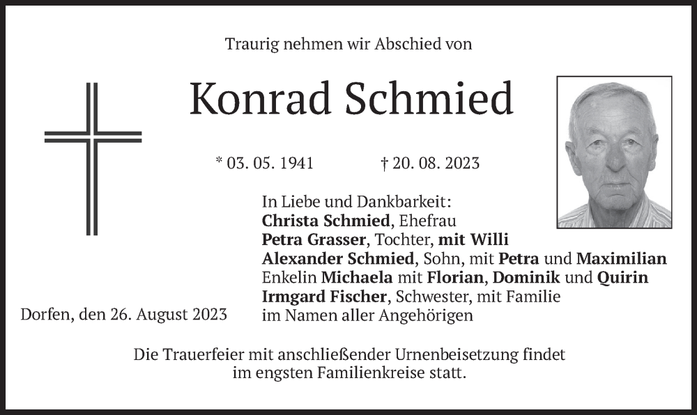  Traueranzeige für Konrad Schmied vom 26.08.2023 aus merkurtz