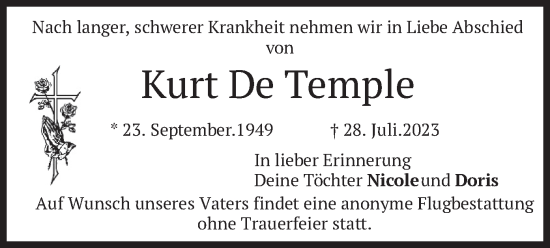 Traueranzeige von Kurt De Temple von merkurtz