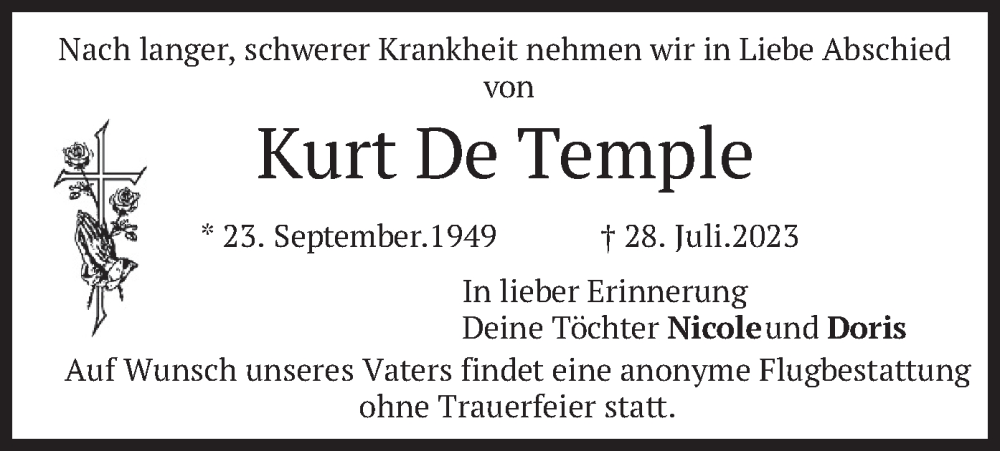  Traueranzeige für Kurt De Temple vom 05.08.2023 aus merkurtz
