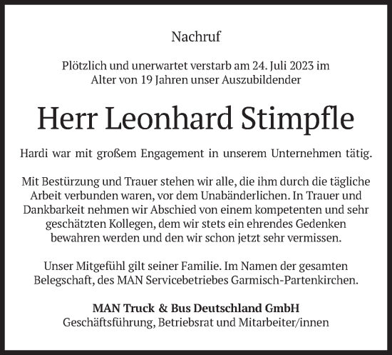 Traueranzeige von Hardi Leonhard  Stimpfle von merkurtz