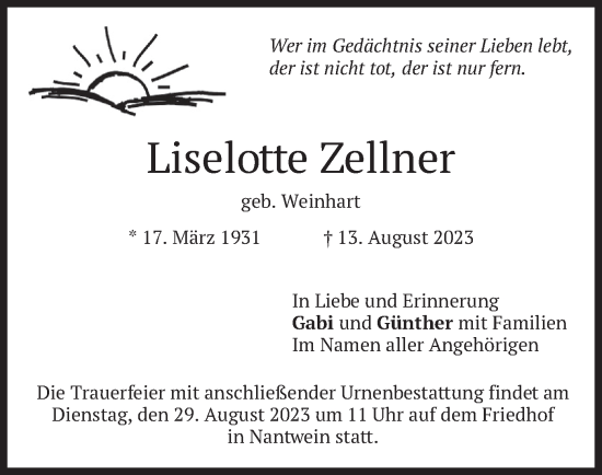 Traueranzeige von Liselotte Zellner von merkurtz
