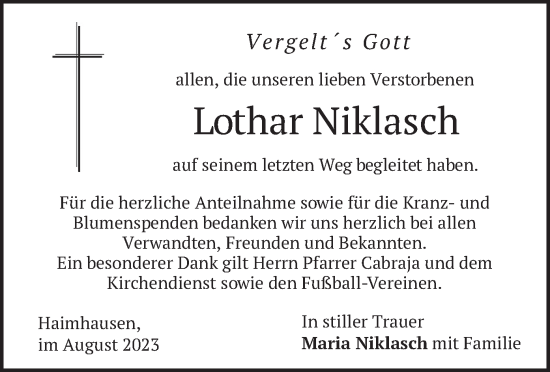Traueranzeige von Lothar Niklasch von merkurtz
