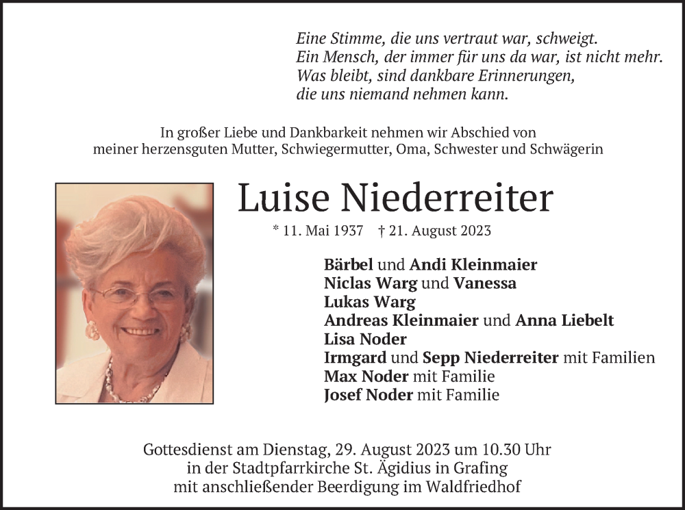  Traueranzeige für Luise Niederreiter vom 25.08.2023 aus merkurtz