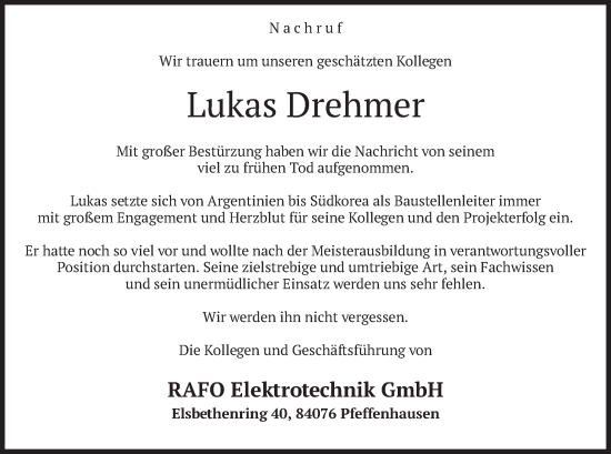 Traueranzeige von Lukas Drehmer von merkurtz