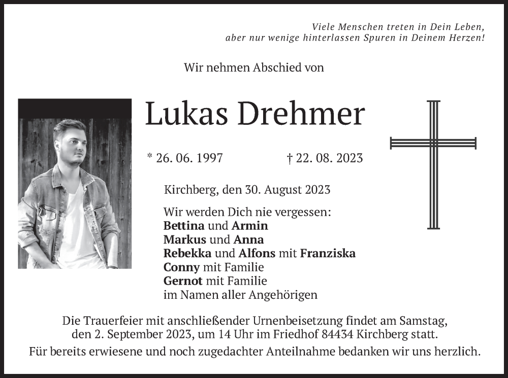  Traueranzeige für Lukas Drehmer vom 30.08.2023 aus merkurtz