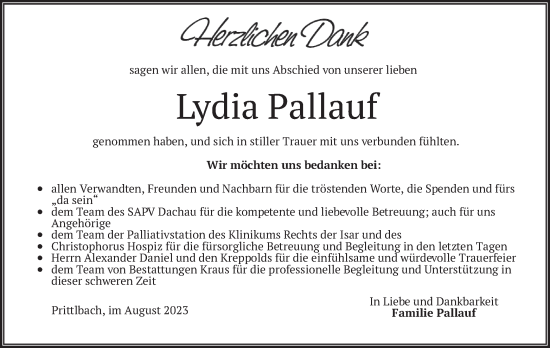 Traueranzeige von Lydia Pallauf von merkurtz