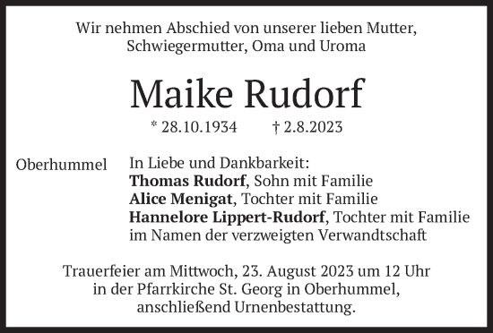 Traueranzeige von Maike Rudorf von merkurtz