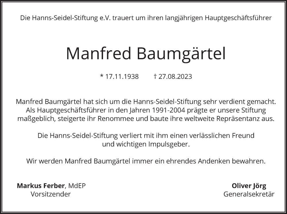  Traueranzeige für Manfred Baumgärtel vom 31.08.2023 aus merkurtz