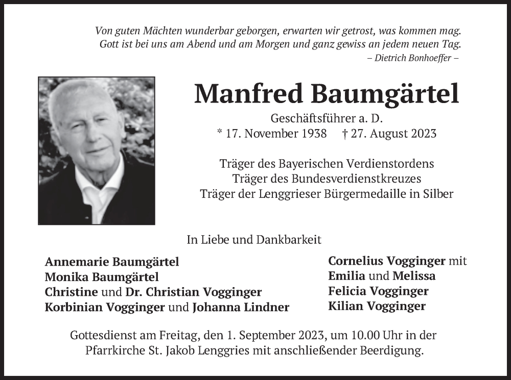  Traueranzeige für Manfred Baumgärtel vom 30.08.2023 aus merkurtz