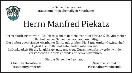 Traueranzeige von Manfred Piekatz von merkurtz