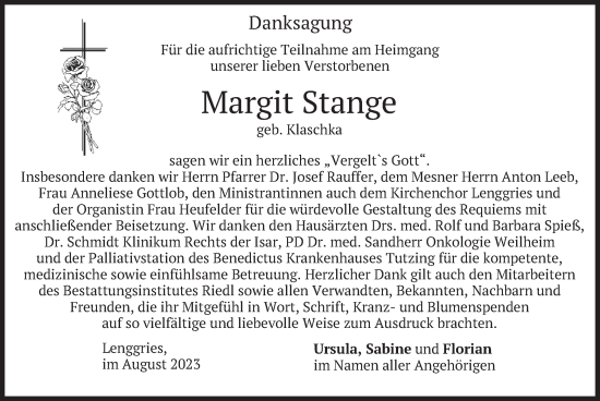 Traueranzeige von Margit Stange von merkurtz