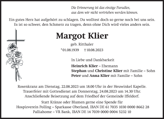 Traueranzeige von Margot Klier von Das Gelbe Blatt Penzberg